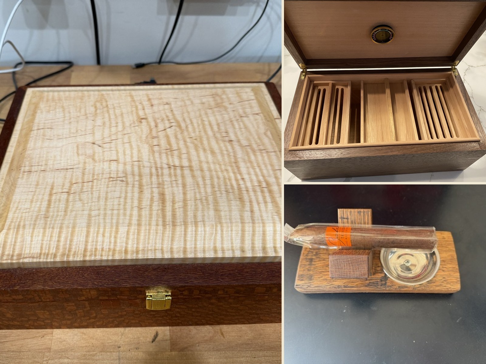 Collage of handcrafted humidors and cigar accessories